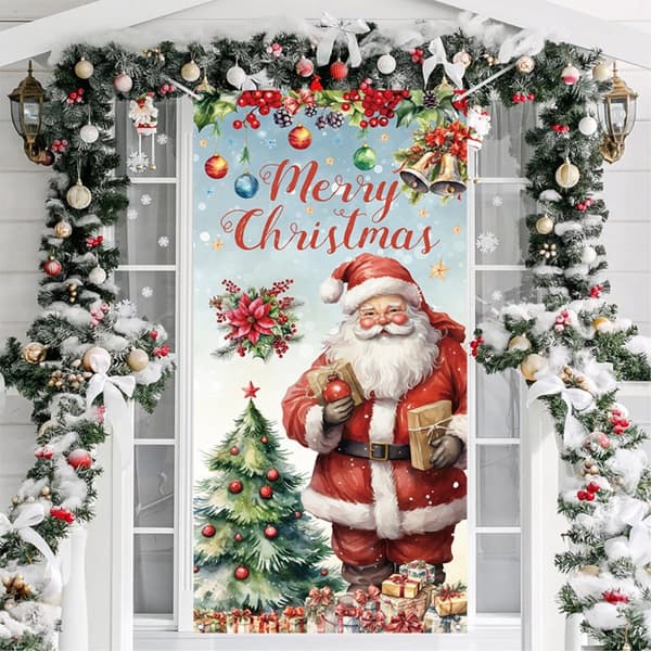 Polyester Stof Jul Dør Cover Merry Christmas Baggrund Banner Xmas Dekoration