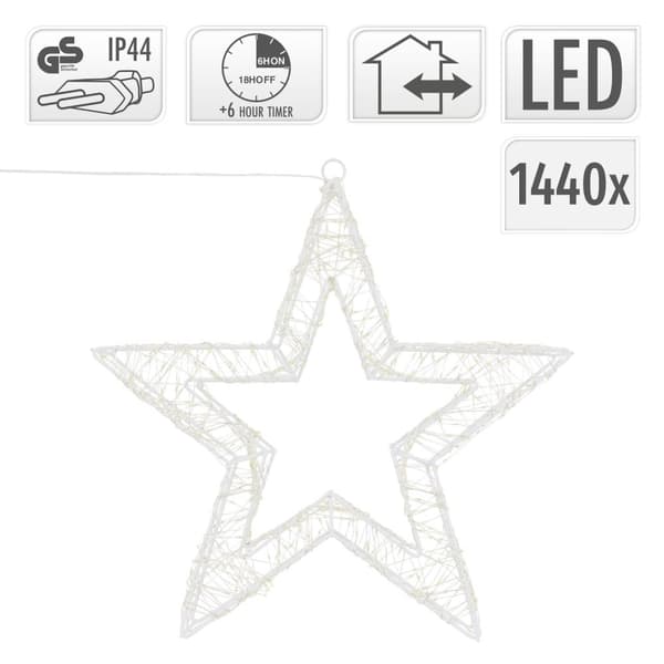 LED-stjerne 50 cm med 1440 varmhvide LED'er og timer lavet af metal til indendørs og udendørs brug IP44 stænktæt