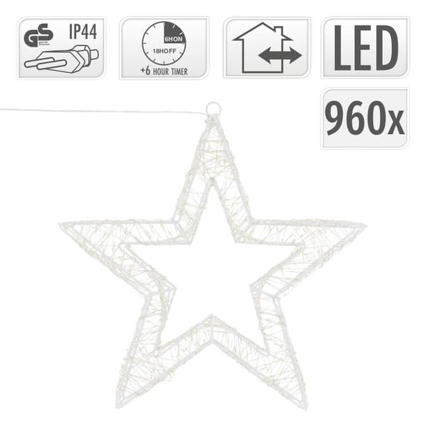 LED-julstjärna 38 cm med 960 varmvita LED-lampor och timer av metall för inomhus- och utomhusbruk IP44 stänkskyddad