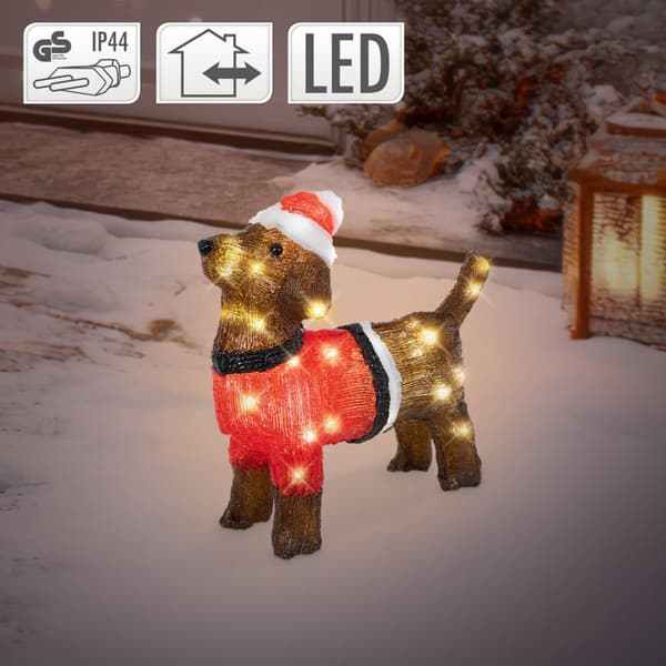 Lysende gravhund i juletøj - LED-juledekoration, IP44 til indendørs og udendørs brug 34 cm høj