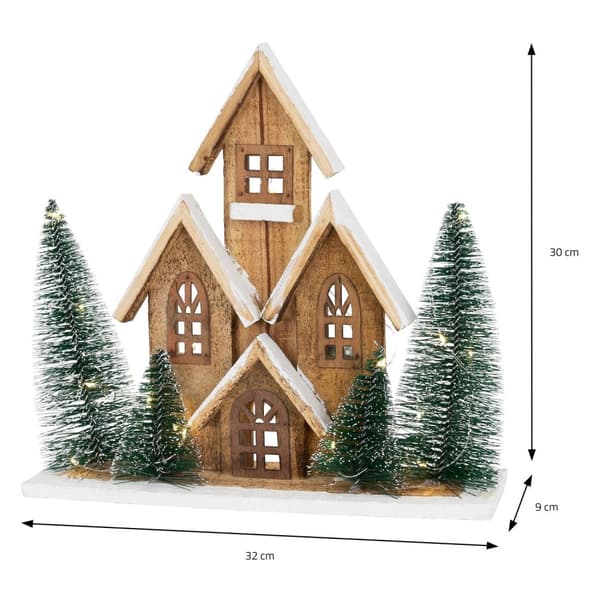 Dekorativt julhus 30cm snötäckt med varmvit LED-belysning batteridrivet inkl. timer tillverkat av trä