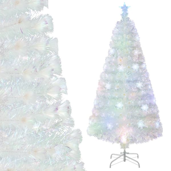 Joulukuusi, 150cm kuituoptinen joulukuusi, jossa on hohtavat lehdet, tähtikärki ja LED-valot, 180x79 cm, valkoinen