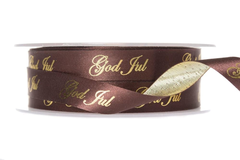 Dekorationsband God Jul Silkesband Guld/Brun 15mm x 5m