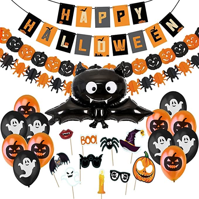 Halloween-dekorationsset XXL Happy Halloween-banner, pumpaspindelgirlanger, jätte fladdermusfolieballong, skrämmande fotohyttrekvisita, svarta orange