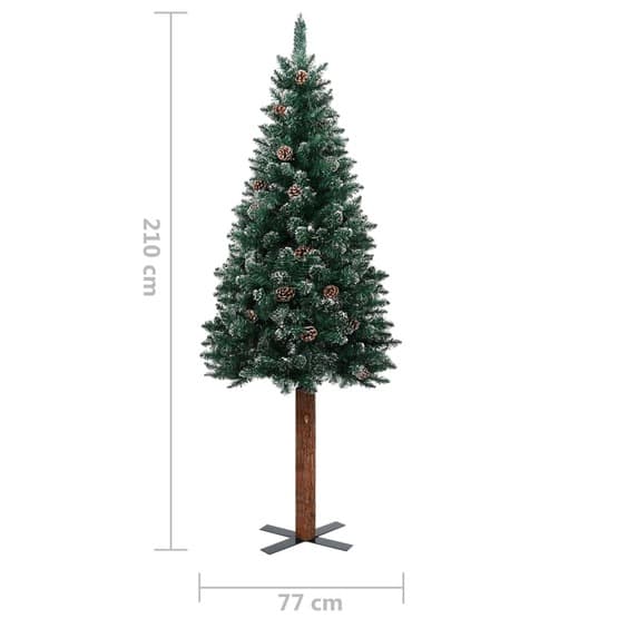 Smal Plastgran Med Äkta Trä Och Kottar Vit Snö Grön 210 Cm