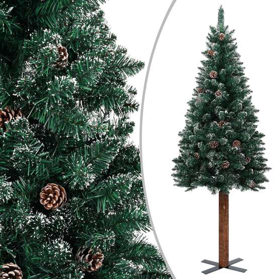 Smal Plastgran Med Äkta Trä Och Kottar Vit Snö Grön 210 Cm