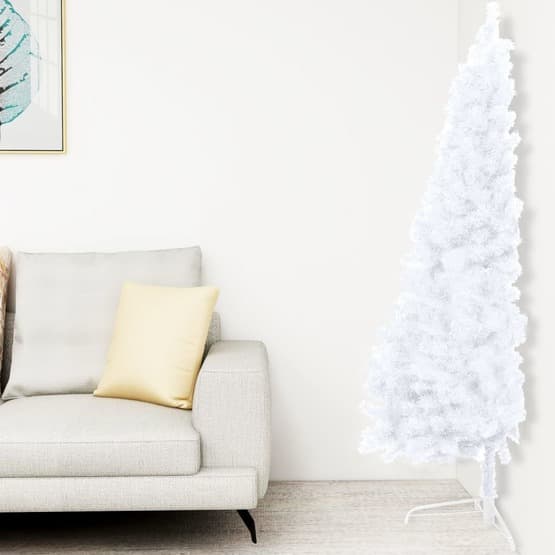 Halv Plastgran Med Led Och Julgranskulor Vit 150 Cm