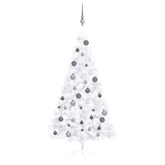 Halv Plastgran Med Led Och Julgranskulor Vit 150 Cm