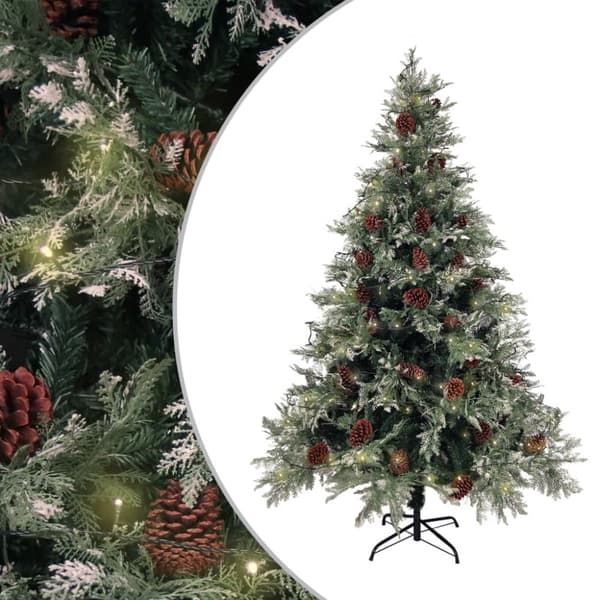 juletræ med grankogler og lys PVC og PE 150 cm grøn og hvid