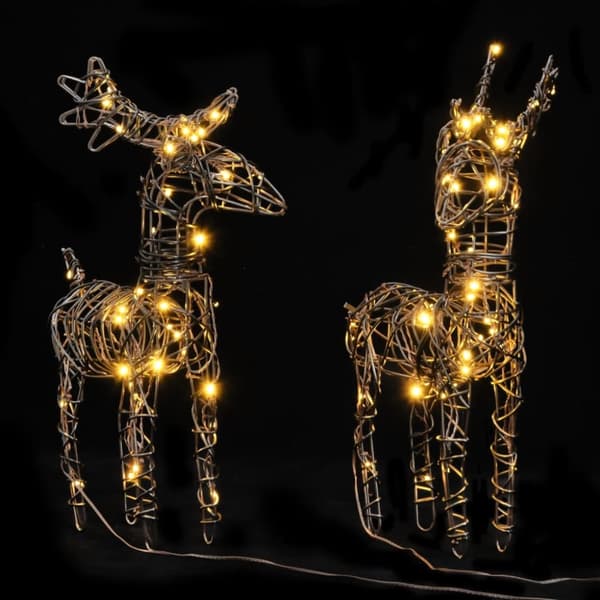 Joulukoriste 2 poroa 80 LED-valoa lämmin valkoinen rottinki