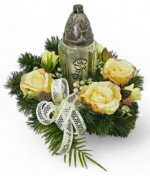GLAS LYS MED SØLV ROSE-INDSATS TIL KIRKEGÅRDEN 30cm