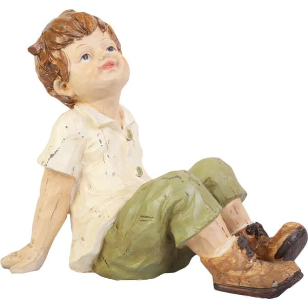 Dekorativ figur dreng i grønne bukser, 26 cm, lavet af polyresin