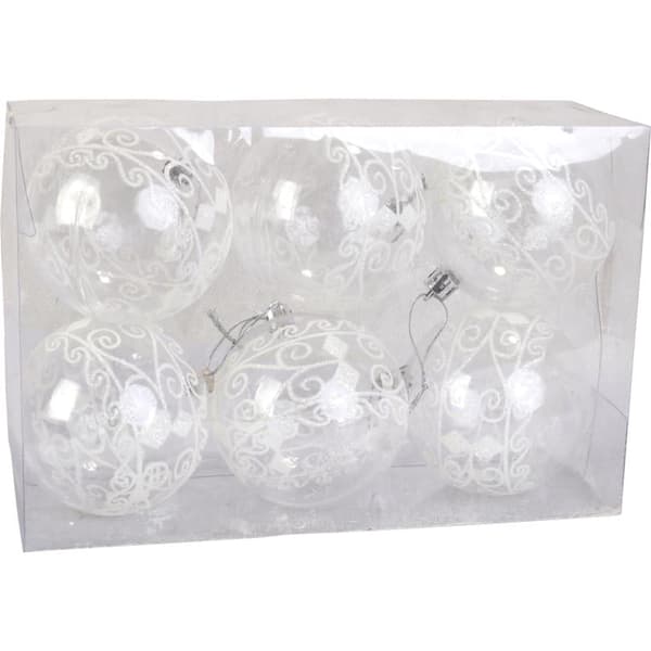 Set med 6 okrossbara, genomskinliga kulor dekorerade med vitt glitter, 5 cm