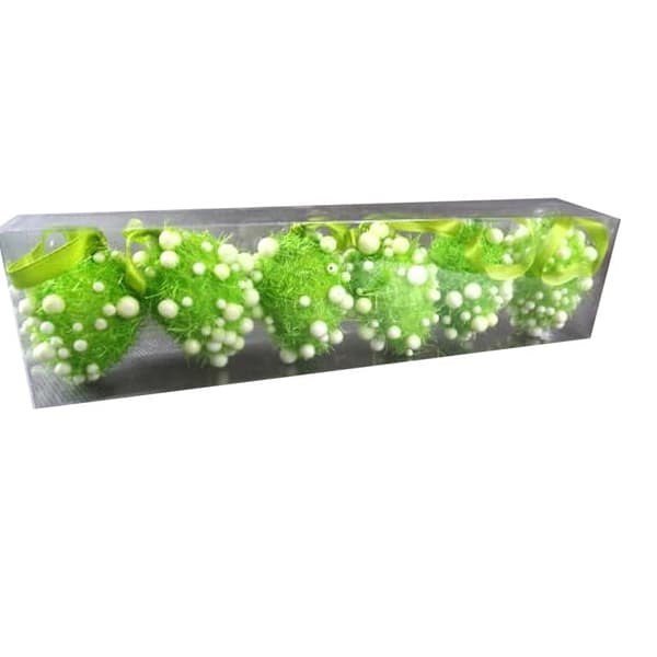 Set med 6 gröna dekorativa sisalägg med vita bollar i en ask 6x4cm
