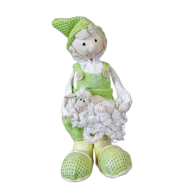 Figur af en bonde med et får i store støvler, grøn og hvid, 33x15cm
