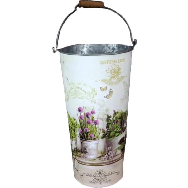 Galvaniseret spand med blomstermotiv i provencalsk stil