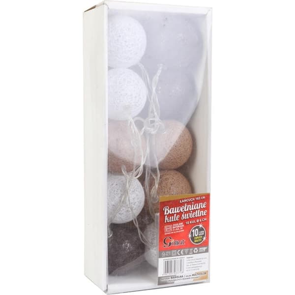 Bomull LED-bollar 10 stycken 6cm Brun och Vit med 165cm Kabel, Varmvitt ljus, Drivs av 2xAA batterier