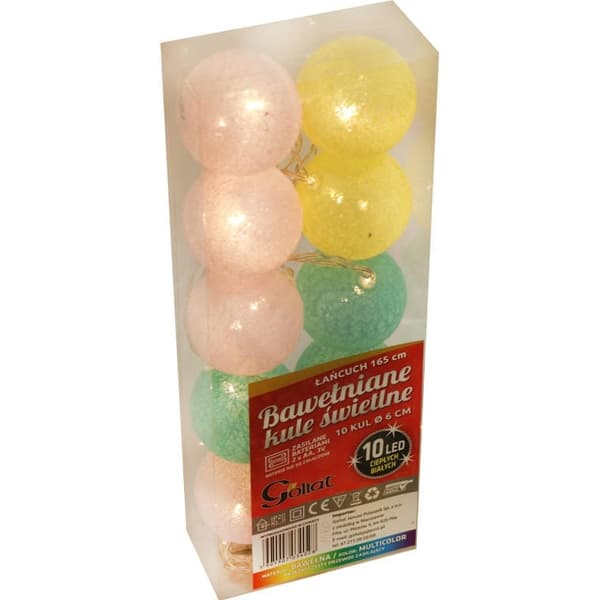Lyskugler, 10 LED'er, 6 cm, batteridrevet, bomuld, flerfarvet