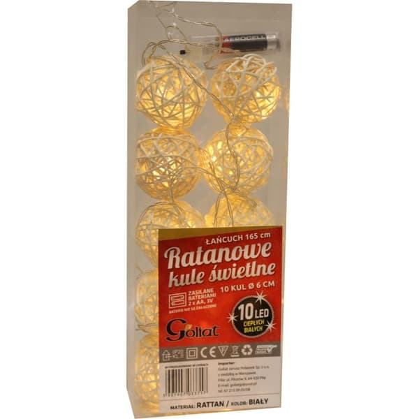 10 LED-rattan lyskugler med en diameter på 6 cm, batteridrevet, varmt hvidt lys, med et gennemsigtigt kabel 165 cm