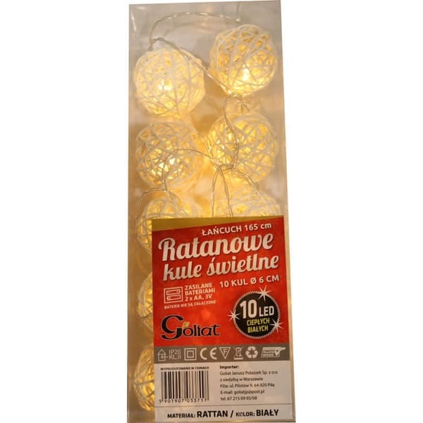 10 LED-rattan lyskugler med en diameter på 6 cm, batteridrevet, varmt hvidt lys, med et gennemsigtigt kabel 165 cm