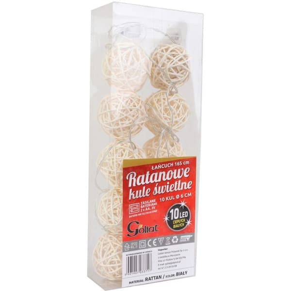 10 LED-rattan lyskugler med en diameter på 6 cm, batteridrevet, varmt hvidt lys, med et gennemsigtigt kabel 165 cm