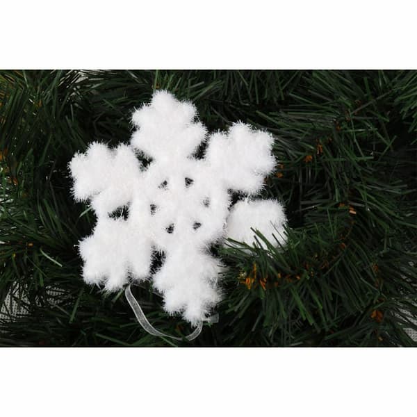 Set med 2 vita opaliserande frigolit snöflingor 11 cm i en PVC-låda