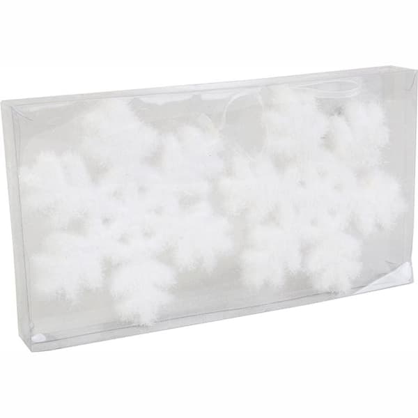 Set med 2 vita opaliserande frigolit snöflingor 11 cm i en PVC-låda