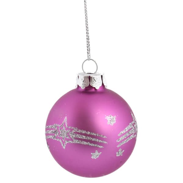 Set med 5 eleganta lila glaskulor med glitterdekor, 6 cm