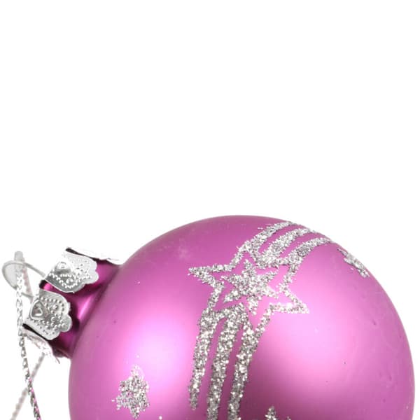 Set med 5 eleganta lila glaskulor med glitterdekor, 6 cm