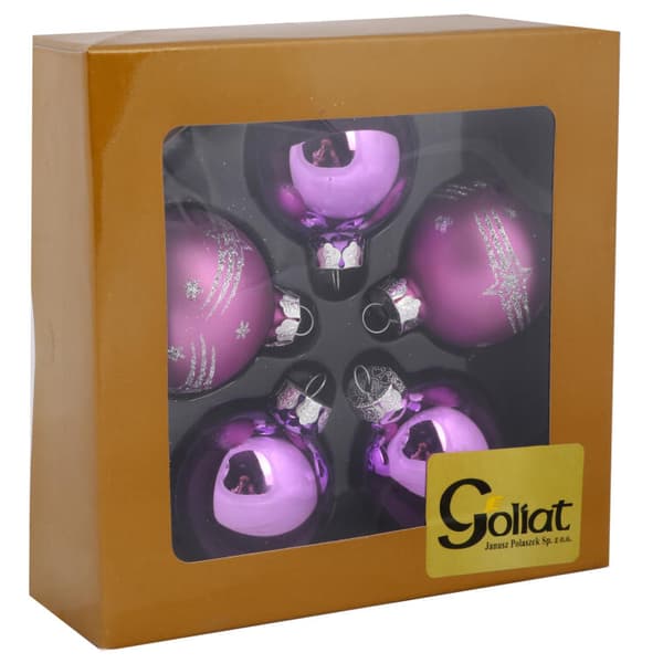 Set med 5 eleganta lila glaskulor med glitterdekor, 6 cm