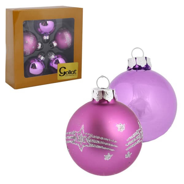 Set med 5 eleganta lila glaskulor med glitterdekor, 6 cm