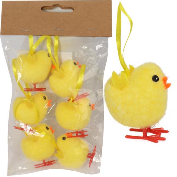 Set med 6 mjuka dekorativa kycklingar - hängen, 3,5 cm, gul