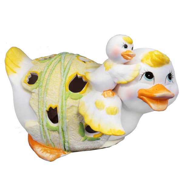 Påsklykta - Keramisk ankfigur med ankunge på värmeljus, grön, 17 cm