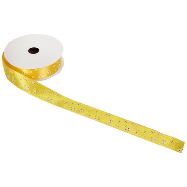 Gult vårband med blommor 2,5 cm för påskdekorationer och presenter, 3 m