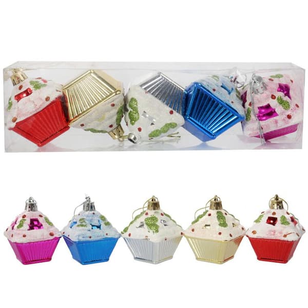 Set med 5 färgglada julgranskulor i form av muffins med glitterdekor