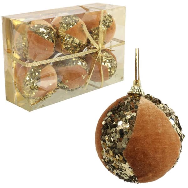 Set med 6 sammets-, guldkulor med paljetter 7 cm - plastkulor till julgranen