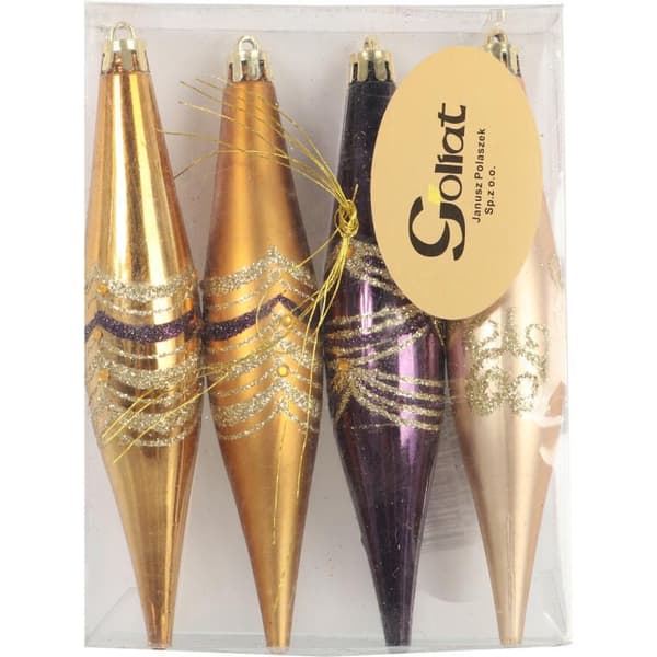 Set med 4 julgranskulor i plast med glitterdekor, lila och guld, 14,5 cm