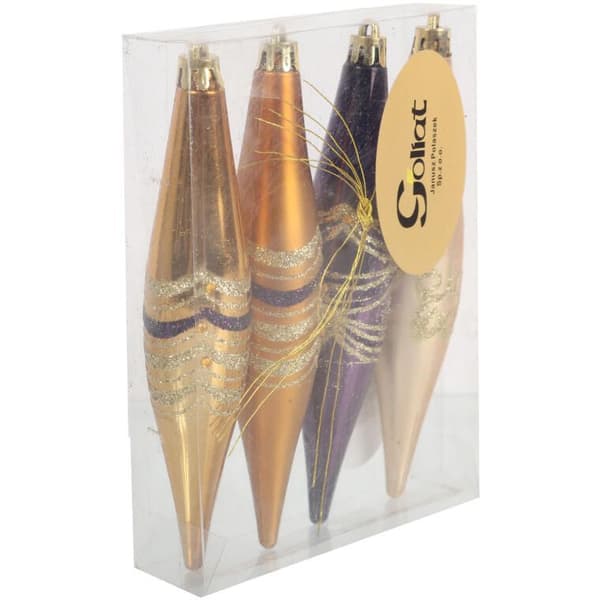 Set med 4 julgranskulor i plast med glitterdekor, lila och guld, 14,5 cm