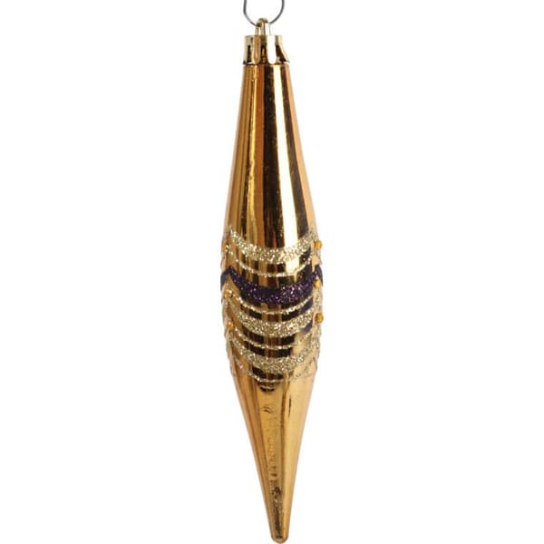 Set med 4 julgranskulor i plast med glitterdekor, lila och guld, 14,5 cm