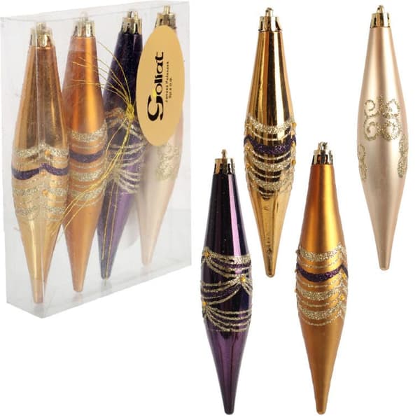 Set med 4 julgranskulor i plast med glitterdekor, lila och guld, 14,5 cm