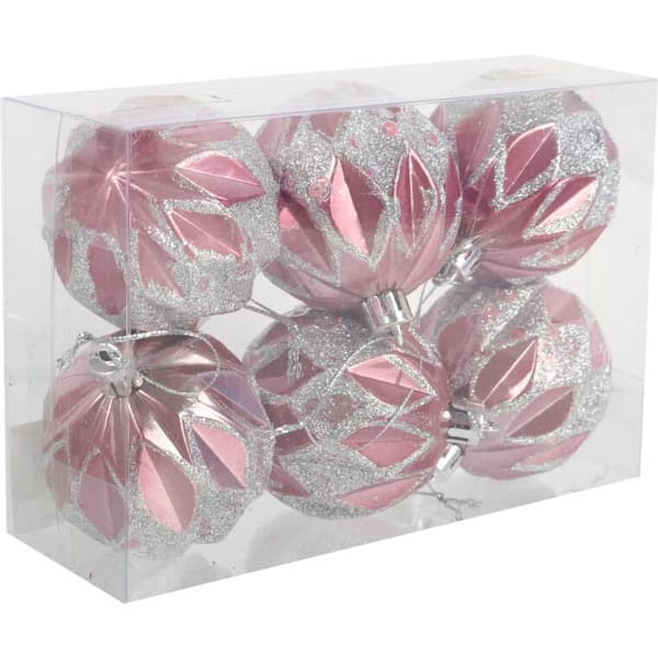 Set med 6 eleganta julgranskulor i plast 6 cm - Rosa