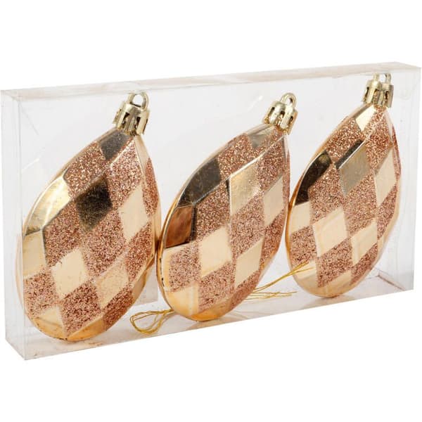 Set med 3 droppformade guldkulor, 9 cm, med glitterdekor