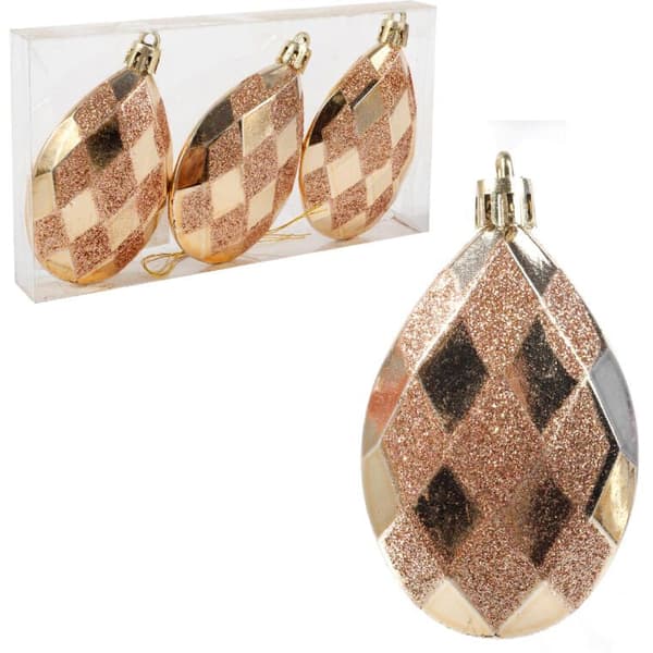 Set med 3 droppformade guldkulor, 9 cm, med glitterdekor