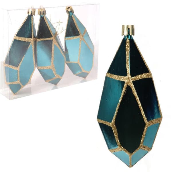 Set med 3 diamantformade plastkulor i turkos med guldglitter, 13 cm