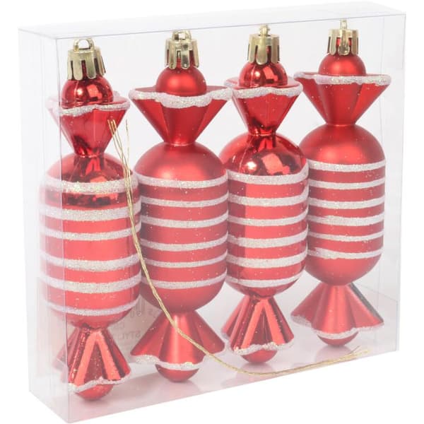 Set med 4 plastkulor - röda godis, 12,5 cm