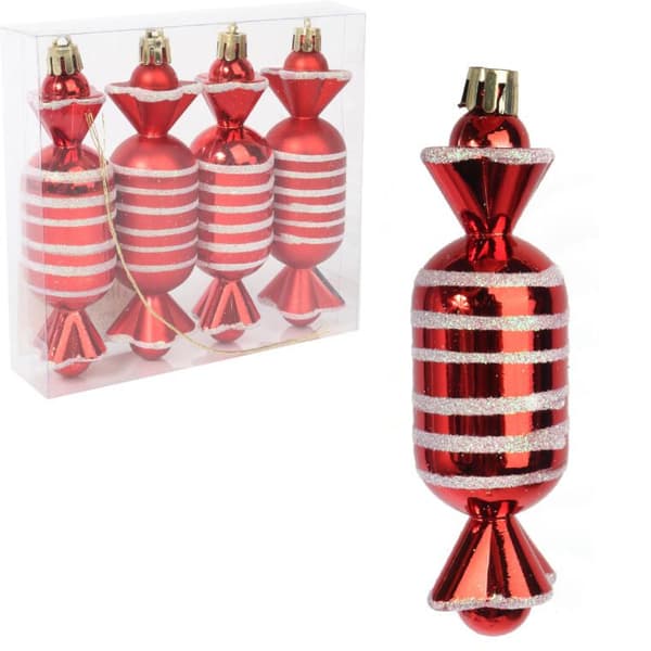 Set med 4 plastkulor - röda godis, 12,5 cm