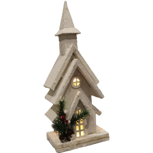Oplyst juledekoration - Snedækket kirke med LED, Mål 38 cm, Farve Hvid, Batteridrevet