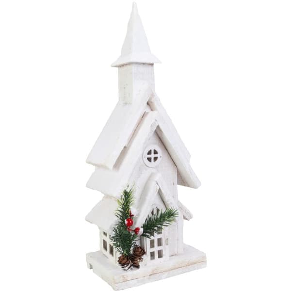 Oplyst juledekoration - Snedækket kirke med LED, Mål 38 cm, Farve Hvid, Batteridrevet