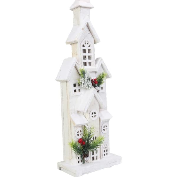 Jul LED-dekoration - Snötäckt Träkyrka 55 cm, Vit, Batteridriven