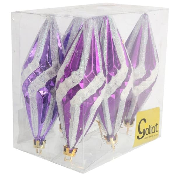 Set med 6 lila spindelkulor i plast med vitt glitter, 12 cm.